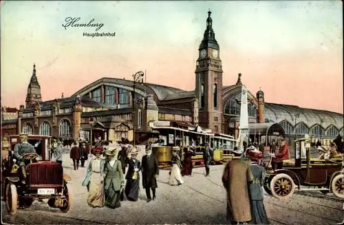 Ak Hamburg, Hauptbahnhof, Straßenbahn, Passanten, Autos
