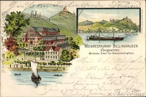 Litho Bellinghausen Königswinter am Rhein, Weinrestaurant Bellinghausen, Panorama vom Ort