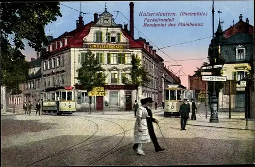 Ak Kaiserslautern, Fackelrondell, Zum Hexenbäcker, Straßenbahnen, Passanten