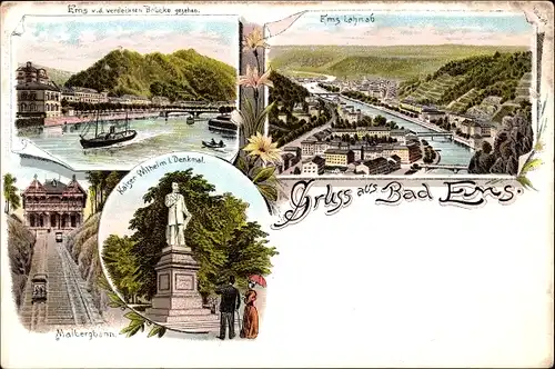 Litho Bad Ems an der Lahn, Blick auf den Ort, Kaiser Wilhelm I Denkmal, Malbergbahn, Standseilbahn