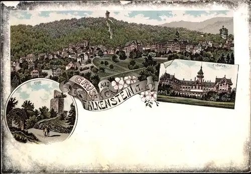 Litho Falkenstein Königstein im Taunus, Ruine, Kurhaus, Panorama