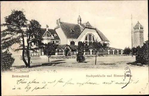 Ak Remscheid im Bergischen Land, Stadtparkhalle und Bismarckturm