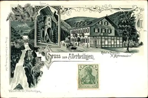 Litho Allerheiligen Oppenau im Schwarzwald, Hotel W. Mittenmaier, Ruine, Wasserfall
