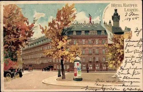 Litho Leipzig in Sachsen, Hotel Hauffe, Neues Rathaus, Litfaßsäule