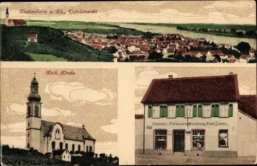 Ak Nackenheim am Rhein, Kolonialwarenhandlung, Kirche, Totalansicht