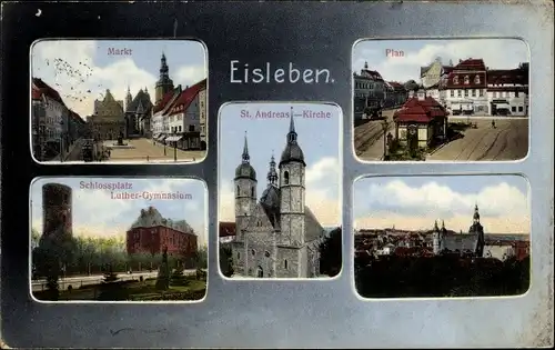 Ak Eisleben, Markt, Plan, Schlossplatz, Luther Gymnasium, St. Andreas Kirche