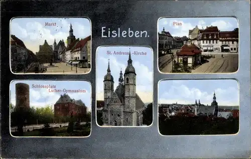 Ak Eisleben, Markt, Plan, Schlossplatz, Luther Gymnasium, St. Andreas Kirche