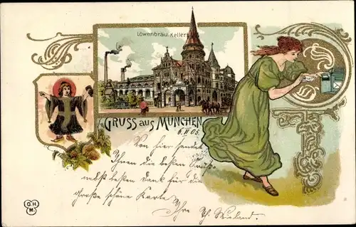 Litho München Bayern, Löwenbräu-Keller, Wappen, Frau, Brief, Briefkasten
