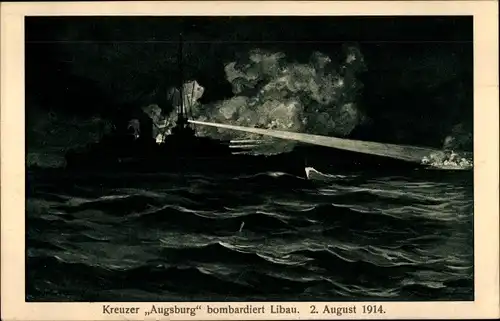 Ak Deutsches Kriegsschiff Kreuzer Augsburg bombardiert Liepaja Libau Lettland, 1914