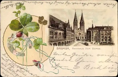 Präge Litho Hansestadt Bremen, Rathaus, Dom, Börse, Straßenbahn, Hufeisen, Kleeblatt, Marienkäfer