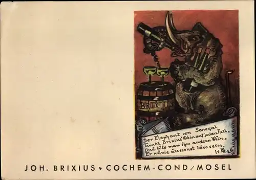 Ak Cond Cochem an der Mosel, Weingut Joh. Brixius, Der Elephant von Senegal trinkt Brixius Wein