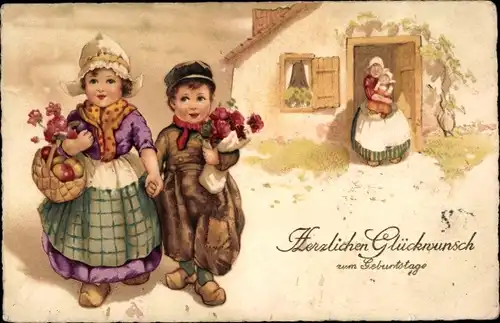 Ak Glückwunsch Geburtstag, Kinder in niederländischer Tracht, Blumenstrauß, Korb, Früchte