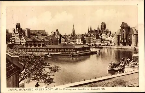 Ak Gdańsk Danzig, Hafenbild an der Mottlau, Krantor und Marienkirche