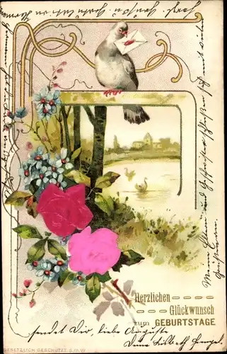 Präge Litho Glückwunsch Geburtstag, Taube mit Brief, Blumenstrauß