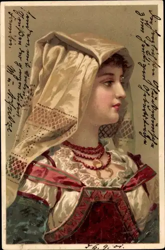 Litho Portrait einer jungen Frau in Tracht