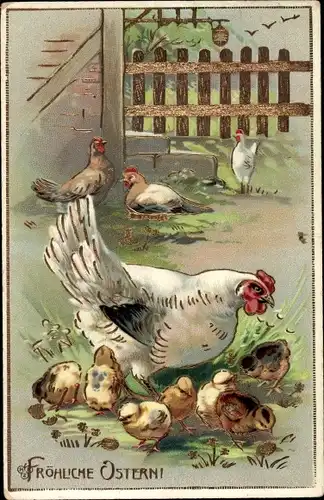 Ak Glückwunsch Ostern, Hühner-Familie, Küken, Bauernhof