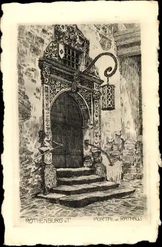 Ak Rothenburg ob der Tauber Mittelfranken, Portal am Rathaus