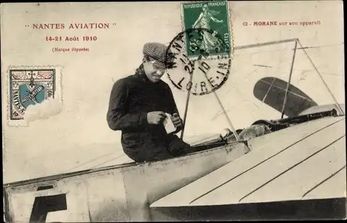 Ak Nantes Aviation 1910, Morane sur son appareil, Flugzeug, Pilot