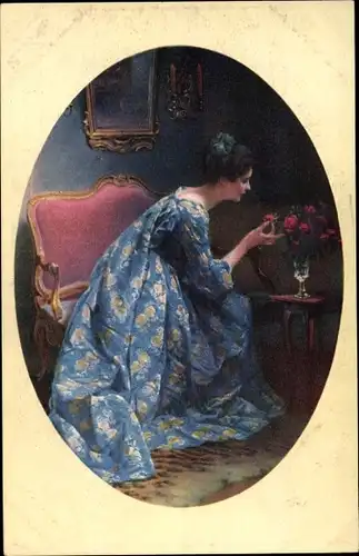 Passepartout Ak Junge Frau in blauem Kleid, Blumen