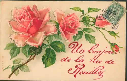 Glitzer Ak Blühende Rosen, Un bonjour de la rue de Reuilly