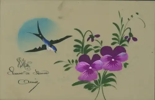 Zelluloid Ak Vogel, Blumen, Kitsch
