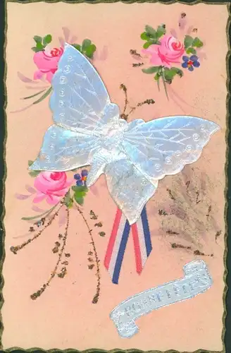Ak Glückwunsch, Bonne Fete, Schmetterling, Rosen, Französische Fahne, Kitsch