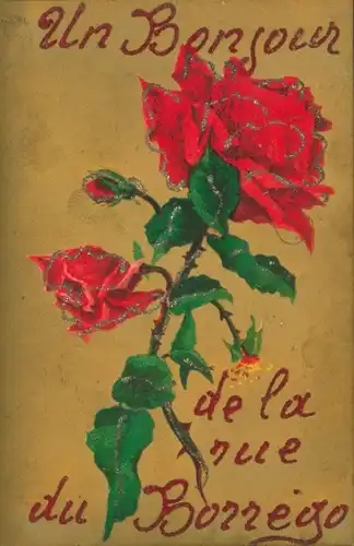 Glitzer Ak Blühende Rose, Un Bonjour de la rue Borrego, Kitsch