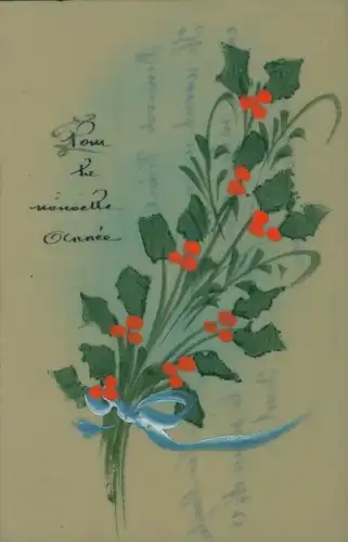 Zelluloid Ak Glückwunsch Neujahr, Schleife, Stechpalme