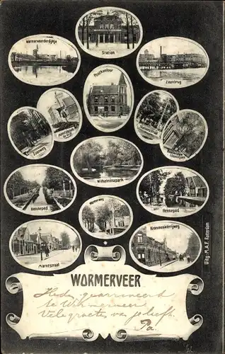 Ak Wormerveer Nordholland Niederlande, Bahnhof, Post, Seebrücke, Straßenansichten, Parkpartie