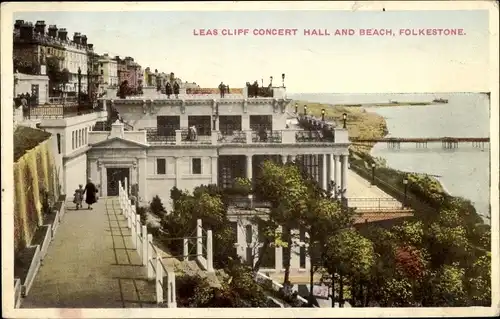 Ak Folkestone Kent England, Leas Cliff Concert Hall and Beach