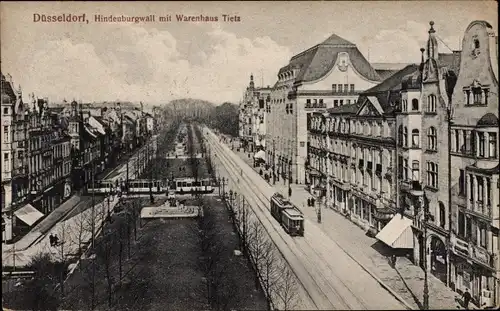 Ak Düsseldorf, Hindenburgwall mit Warenhaus Tietz, Straßenbahn