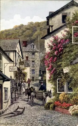 Ak Clovelly Devon England, High Street, Esel