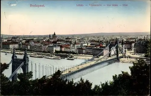 Ak Budapest Ungarn, Totalansicht, Blick auf Fluss, Brücke und Stadt