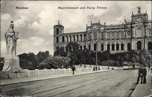 Ak München Bayern, Maximilianeum, Pallas Athene, Statue, Straßenbahn