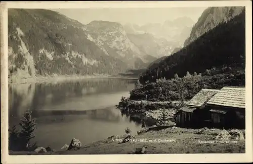 Ak Gosau in Oberösterreich, See, Dachstein, Holzhütte