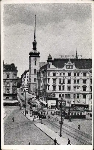 Ak Brno Brünn Südmähren, Kostelni ulice, Kirchengasse, Straßenbahnen, Kino Central