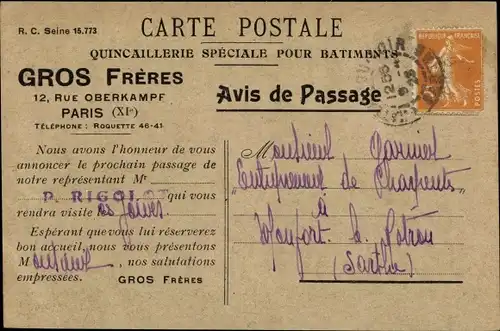 Ak Paris XI, GROS Frères, 12, Rue Oberkampf