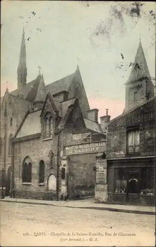 Ak Paris XI, Chapelle de la Sainte Familie, Rue de Charonne, Manufacture de Meubles en Fer