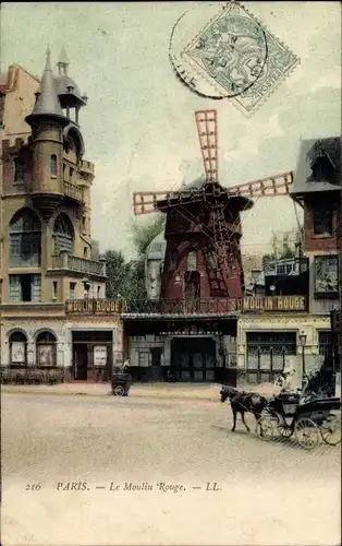 Ak Paris XVIII. Buttes Montmartre, Le Moulin Rouge, Kutsche