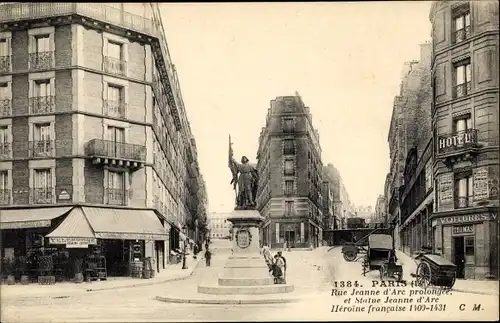Ak Paris XIII, Rue Jeanne d'Arc prolongée et Statue Jeanne d'Arc, Héroïne française 1409-1431