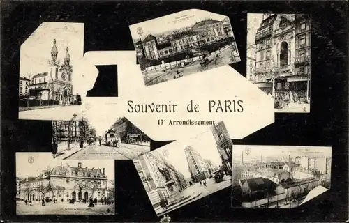 Ak Paris XIII., Miniaturansichten, Kirche, Straßenpartien