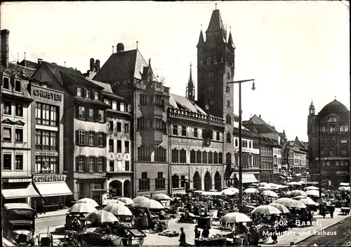 Ak Bâle Basel Stadt Schweiz, Marktplatz und Rathaus, Marktszene