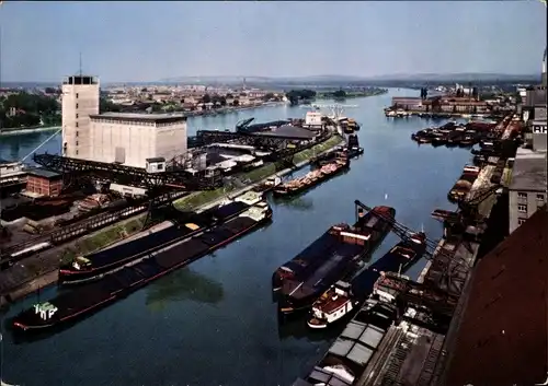 Ak Kleinhüningen Bâle Basel Stadt Schweiz, Rheinhafen, Hafenbecken I, Dreiländerecke, Luftaufnahme