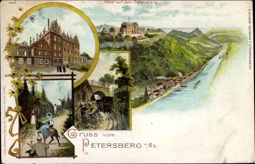 Litho Königswinter am Rhein, Hotel auf dem Petersberg, Viadukt, Zahnradbahn