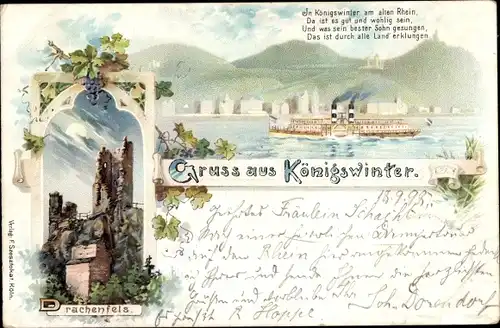 Litho Königswinter am Rhein, Drachenfels, Salondampfer