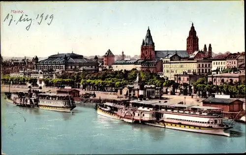 Ak Mainz in Rheinland Pfalz, Dampfschiffe auf dem Rhein, Totalansicht