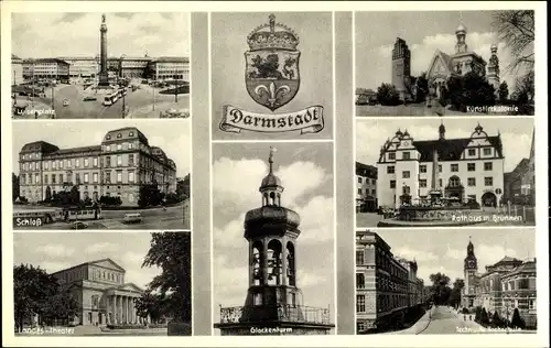 Ak Darmstadt in Hessen, Wappen, Schloß,  Rathaus mit Brunnen, Landestheater, Luisenplatz