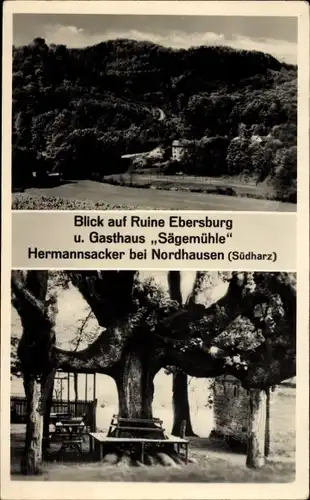 Ak Hermannsacker in Thüringen, Blick auf Ruine Ebersburg, Gasthaus Sägemühle