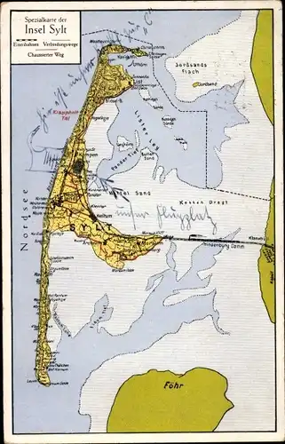 Landkarten Ak Insel Sylt, Hindenburgdamm, Westerland, Kampen, Föhr