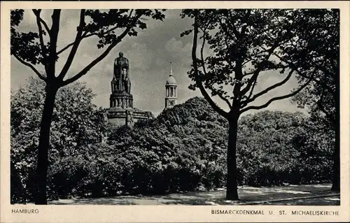 Ak Hamburg Mitte Neustadt, Bismarckdenkmal und St. Michaeliskirche